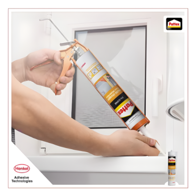 Application de joint silicone gris Pattex sur vitre . marbre, aluminum,  ou carrelage